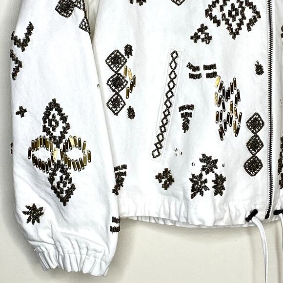 Chicos White Denim Embellished Bomber Jacket Aztec Southwestern NWT - Picture 3 of 10